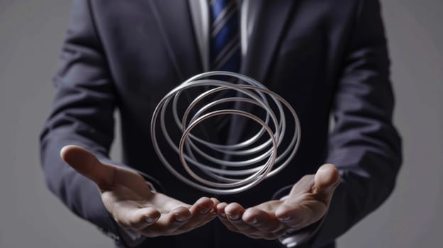 A man dressed in a stylish suit is holding a metal object in his hands. He appears focused and determined as he grips the object firmly.