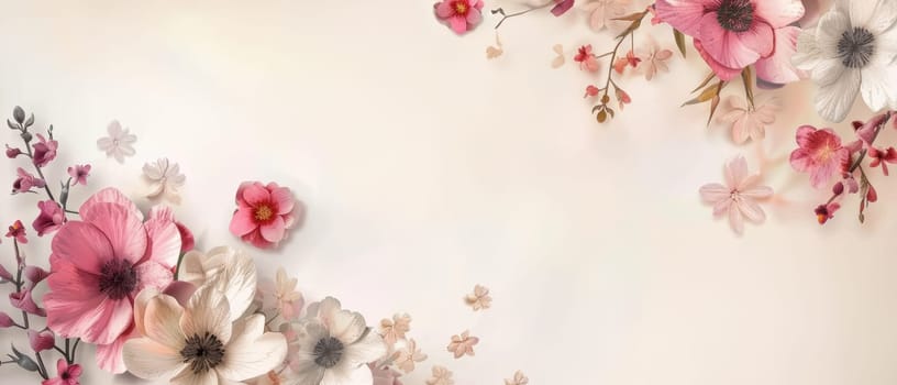A panoramic digital illustration showcasing a stunning array of red and pink flowers, with white daisies, against a soft pink canvas