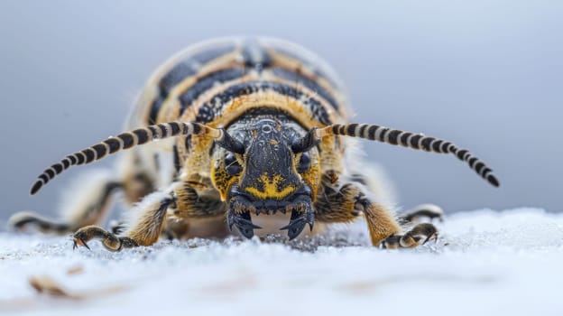 A close-up view of a bug crawling on the ground, showcasing its intricate details and movements as it navigates through the terrain.