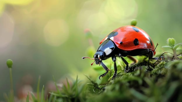 A red and black bug is perched on top of a vibrant green plant. The bug appears to be still, showcasing its striking colors against the plants leaves.