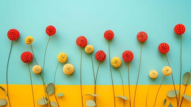 A cluster of vibrant red and yellow flowers bloom against a backdrop of a blue and yellow wall. The colorful contrast between the flowers and the wall creates a visually striking scene. The flowers stand out boldly against the complementary colors of the wall.