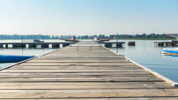 A row of boats is moored at a dock, floating in the calm water. The boats vary in size and color, with some displaying fishing equipment. Reflections of the boats can be seen in the water.