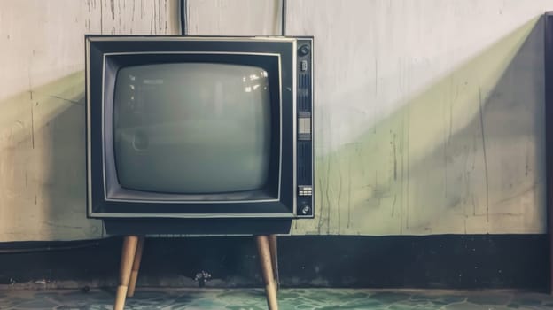 An old television set is placed on top of a simple wooden stand. The TV appears to be vintage, showing signs of wear and tear. The wooden stand is sturdy and basic in design, providing a stable base for the TV.