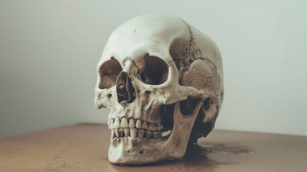 A human skull rests on top of a wooden table, the stark contrast between the polished wood and the aged bone creating a macabre yet intriguing scene. The skulls empty eye sockets seem to stare into the distance, evoking a sense of mortality and contemplation.
