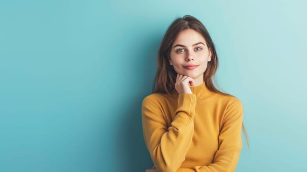 A woman with long brown hair wearing a bright yellow sweater is striking a pose for a camera. She is standing confidently with one hand on her hip and a slight smile on her face, looking directly at the camera.