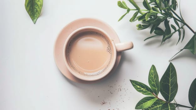 A cup filled with coffee sits beside a cluster of fresh green leaves on a wooden surface. The steam rising from the coffee indicates its warmth, contrasting with the cool tones of the leaves.