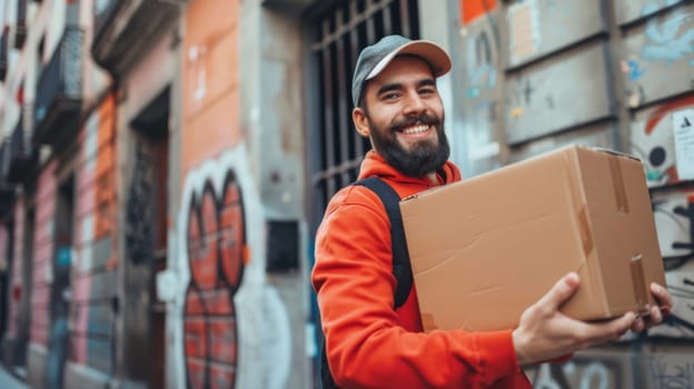 A man stands in front of a building, holding a box in his hands. He appears to be delivering or receiving a package. The building behind him is tall and made of brick, with several windows visible.