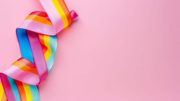 A vibrant ribbon in rainbow colors stands out against a soft pink backdrop. The ribbon is neatly arranged, showcasing a spectrum of colors in a gradient pattern.