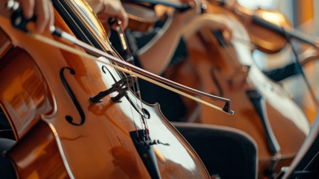 A row of cellos lined up next to each other in a music room. The wooden instruments are positioned neatly, ready for a performance or practice session.