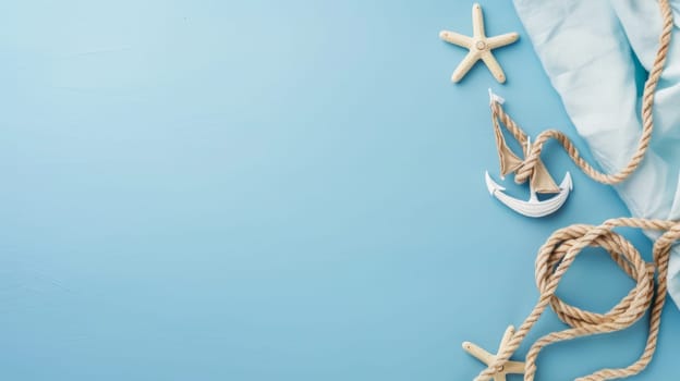 A rope, a starfish, and a bottle of water are arranged on a blue background. The rope is coiled, the starfish is vibrant orange, and the water bottle is clear plastic.