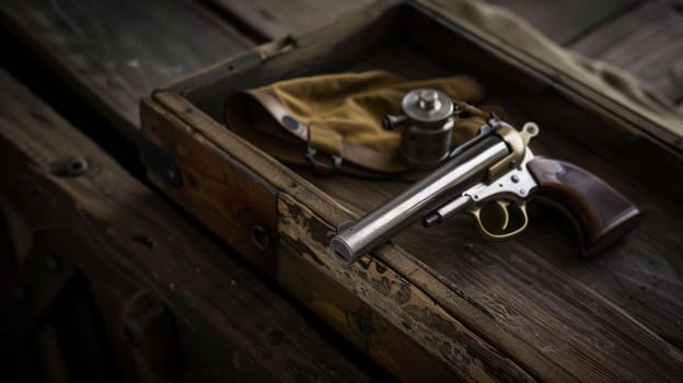 A gun is placed on top of a sturdy wooden box, the metal gleaming under the light. The scene is simple yet striking, showcasing the firearm against the rustic backdrop.