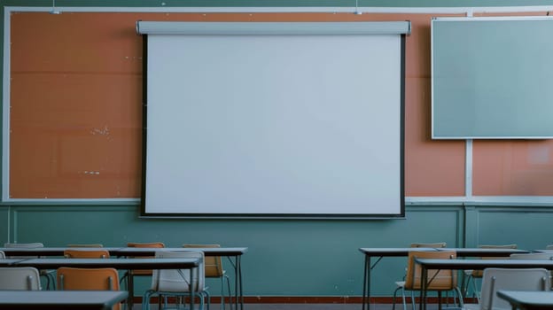 An empty classroom featuring a large screen on the wall, surrounded by desks and chairs. The classroom looks unused, with the projector screen being the main focal point.