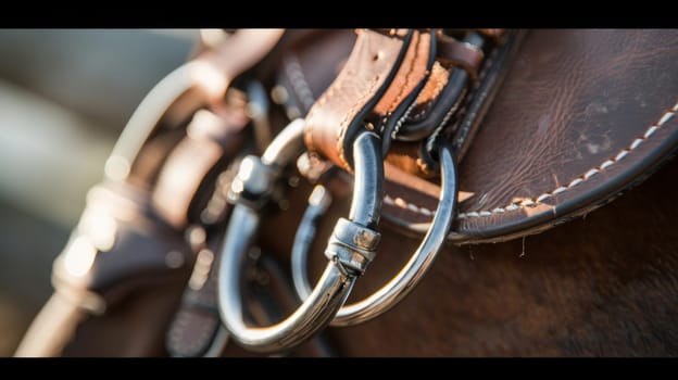 A detailed close-up view of a brown horses bridle, showing the intricate leather straps, buckles, and metal hardware. The focus is on the craftsmanship of the bridle and its connection to the horses head.