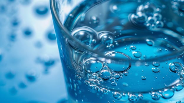 A close view of a glass filled with clear, still water. The surface of the water reflects light, showing small ripples and bubbles. The glass is placed on a flat surface against a simple background.