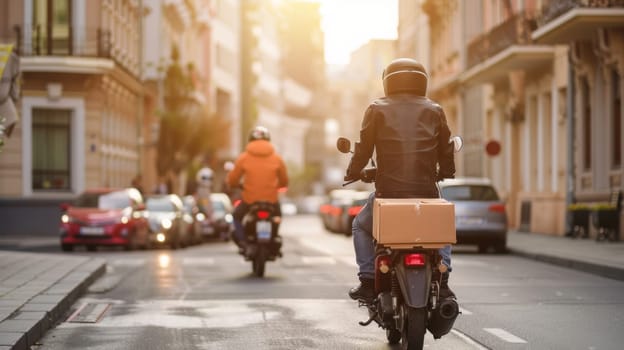 Two individuals are riding motorcycles down a bustling city street. The motorcyclists are navigating through traffic and blending in with the urban landscape.