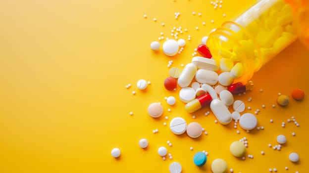 Several pills are spilling out of a white pill bottle onto a bright yellow surface. The pills are scattered and lying haphazardly on the yellow background.