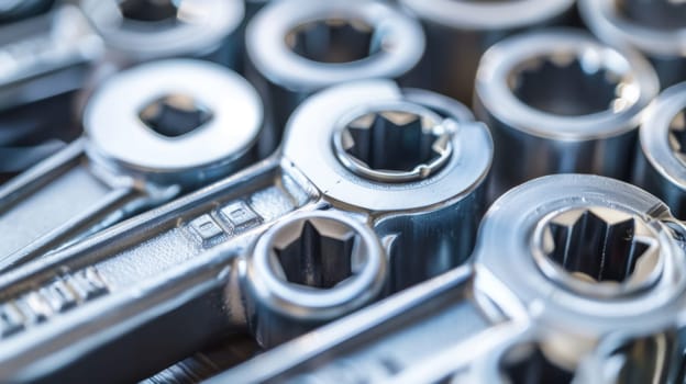 A close-up view of numerous wrenches of various sizes and shapes tightly packed together. The wrenches are metal tools commonly used for tightening or loosening nuts and bolts in mechanical work.