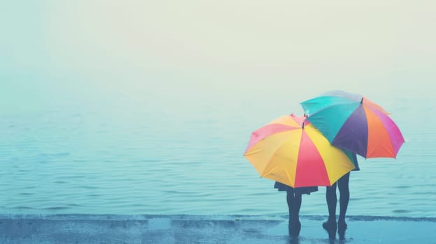 Two individuals, a man and a woman, are standing on a sandy beach. They are holding open umbrellas to shield themselves from the sun. The couple appears relaxed and is enjoying the beach setting.