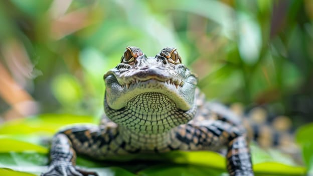 A close-up view of a small alligator perched on a leaf, basking in the sunlight and blending into its surroundings. The alligators scales and features are visible, showcasing the intricate details of its skin and body.