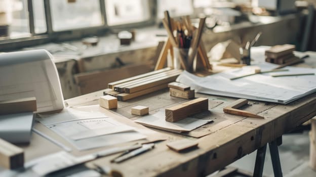 A wooden table is cluttered with an assortment of wooden items such as bowls, spoons, cutting boards, and coasters. Some items are neatly arranged while others are haphazardly placed, creating a busy and textured display.