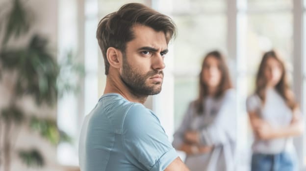 A man is standing in front of a woman, facing each other. Both individuals are looking at each other with neutral expressions. The woman appears to be slightly leaning forward, while the man is standing straight.