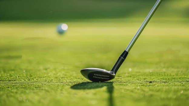 A close-up shot focusing on a golf ball positioned next to a golf club on a smooth green surface. The details of the dimples on the ball and the grooves on the club are visible.