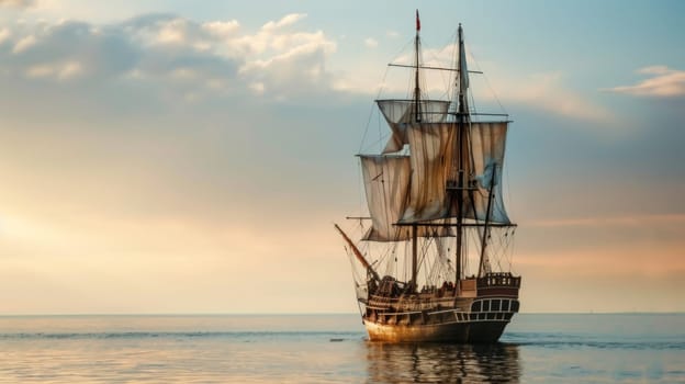 A sizable boat cruises on the water, gracefully floating with ease. The vessel navigates through the calm waves, showcasing its grandeur against the backdrop of the vast expanse of water.