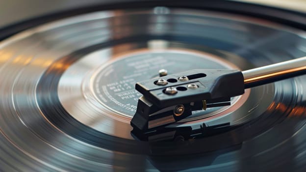 An up-close view of a vintage record player with intricate details like a spinning turntable, tonearm, needle, and control knobs. The worn-out, retro design of the player adds character and nostalgia to the scene.