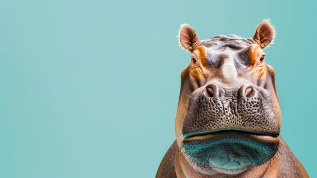 A close-up view of a curious hippopotamus staring directly into the camera, showcasing its wide nostrils, ears, and massive mouth with sharp teeth.