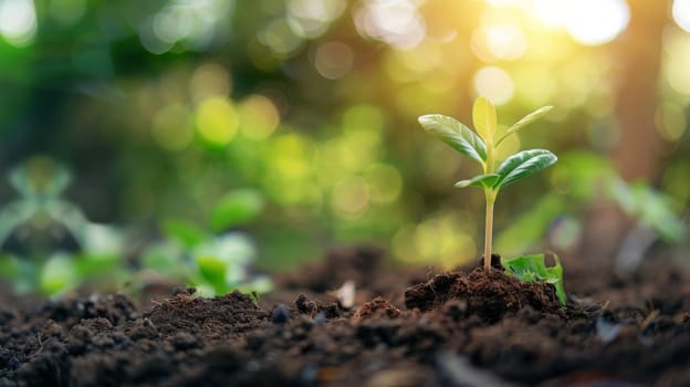 A small, vibrant green plant is emerging from the soil, showing the beginning stages of growth and development in the natural world.