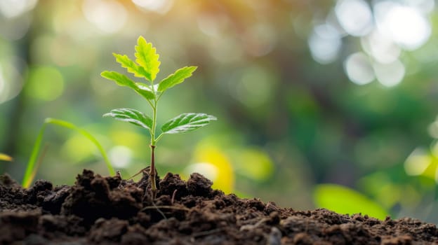 A young plant emerges from the forest floor, pushing through the soil with delicate green leaves and a thin stem. The plant is surrounded by trees and other vegetation typical of a forest environment.