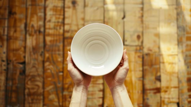 A person is standing in front of a wall, holding a white plate in their hands. The plate is being held up towards the camera, with the wall serving as the background.