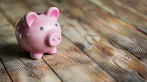 A small pink pig is seated on top of a wooden table, looking curiously around its surroundings. The pigs chubby cheeks and perky ears give it an adorable appearance.