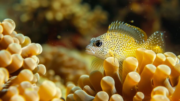 A fish can be seen swimming gracefully in the clear water. Its scales shimmer as it moves through the aquatic environment, with sunlight dancing on the surface above.