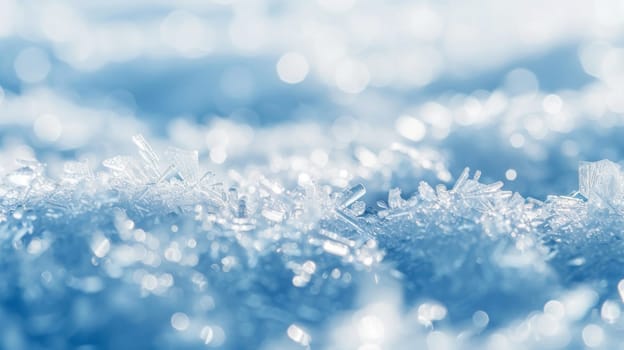 Close up view of intricate snow flakes scattered against a solid blue backdrop. Each snow flake showcases unique patterns and shapes, creating a mesmerizing effect in the frame.