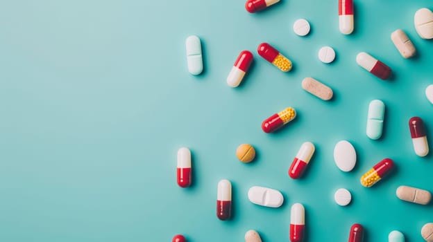 A collection of various pill capsules and tablets arranged neatly on a solid blue background. The pills are of different colors, shapes, and sizes, creating a contrasting and eye-catching display.