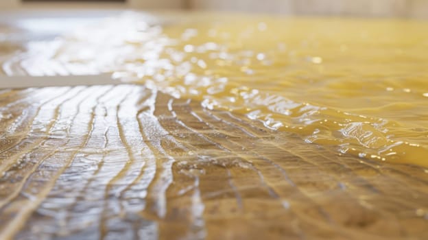 This close-up shot showcases a bright yellow plastic covering completely laid over a floor surface. The plastic appears smooth and glossy, reflecting light. It covers the entire area, creating a solid and uniform look.