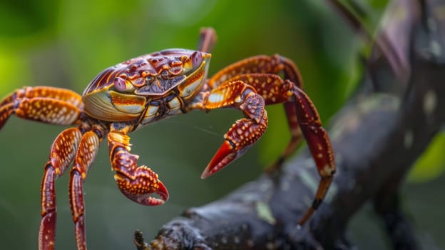 This close-up shot shows a crab perched on a tree branch. The crabs intricate shell and pincers are visible, as it navigates the rugged surface of the branch.