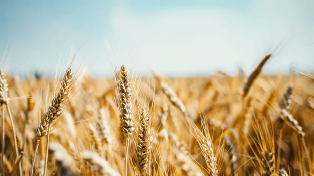 A vast field of golden wheat stretches into the distance with a clear blue sky as the backdrop. The wheat sways gently in the breeze under the bright sun, showcasing a serene agricultural landscape.