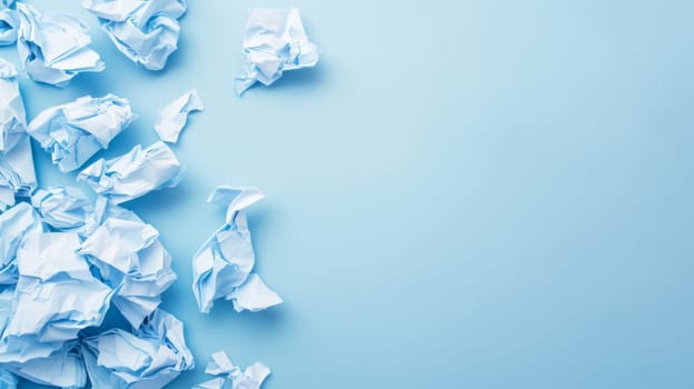 A collection of crumpled white paper sheets haphazardly stacked atop one another against a vibrant blue backdrop. The paper appears wrinkled and discarded, creating an interesting contrast with the smooth surface of the blue background.