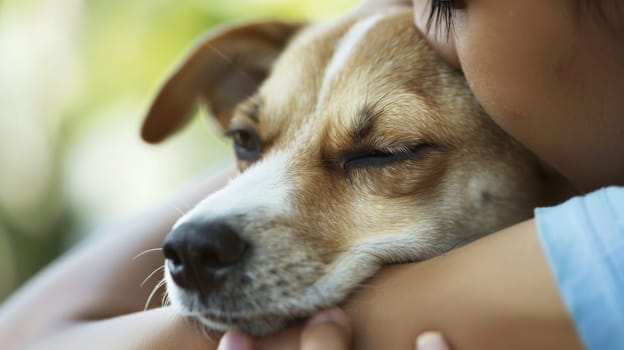 A woman is tightly embracing a dog, her eyes shut in a moment of affection. The dog looks content and calm as they share a loving bond.