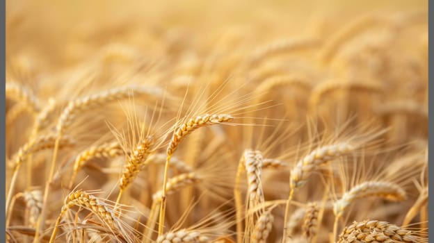 This close-up view shows a field of mature wheat plants. The golden wheat heads are heavy with grain, contrasting against the green stems and leaves. The vast expanse of the wheat field extends to the horizon under a clear blue sky.