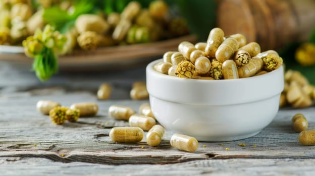 A white bowl filled with golden corn kernels sits atop a wooden table. The kernels are neatly arranged and ready for cooking or snacking. The contrast between the bright corn and the rustic table is visually striking.