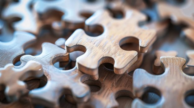 A detailed close-up shot of a single puzzle piece with intricate details and patterns. The piece appears to be a part of a larger puzzle, showing connection points on its sides.