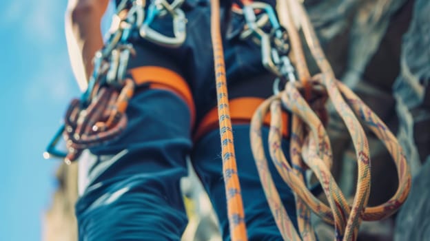 A man in climbing gear ascending a steep mountainside, using ropes and anchors to secure his progress. The rugged terrain and sheer rock face provide a challenging backdrop for his climb.