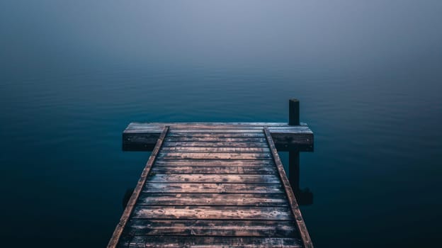 A wooden dock extends into the calm waters of a lake, providing a platform for boats to dock or people to enjoy the surrounding scenery. The dock appears sturdy and well-maintained, serving as a functional structure in the middle of the expansive body of water.
