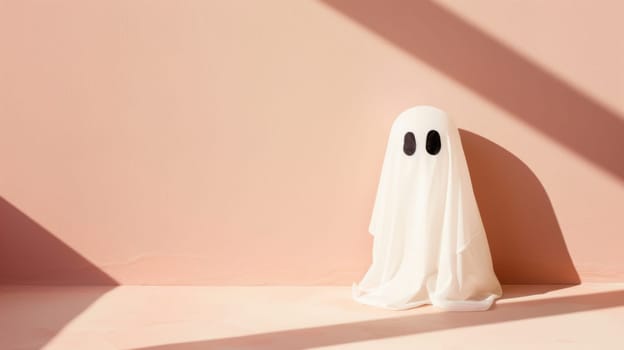 A spectral apparition is standing in the center of a room, its ethereal form casting a chilling presence in the otherwise empty space.