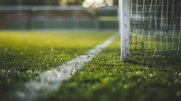 A soccer goalie net positioned on a green soccer field, ready to block incoming shots during a game or practice session.