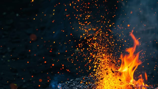 A detailed close-up of a raging fire burning brightly against a pitch-black background. The flames dance and flicker, creating dynamic patterns and casting a warm glow.