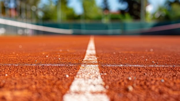 The image shows a tennis court with a neatly painted white line running across its surface. The court is empty, with no players present, under bright sunlight.